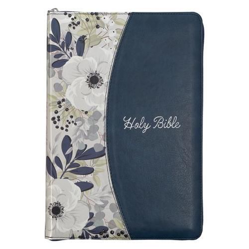 Cover image for KJV Holy Bible, Thinline Large Print Faux Leather Red Letter Edition - Thumb Index Ribbon Marker, King James Version, Blue Printed Floral, Zipper Closure