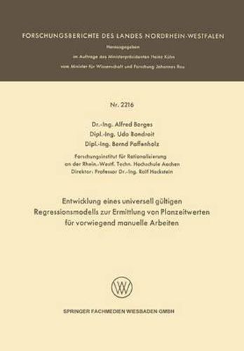 Cover image for Entwicklung Eines Universell Gultigen Regressionsmodells Zur Ermittlung Von Planzeitwerten Fur Vorwiegend Manuelle Arbeiten