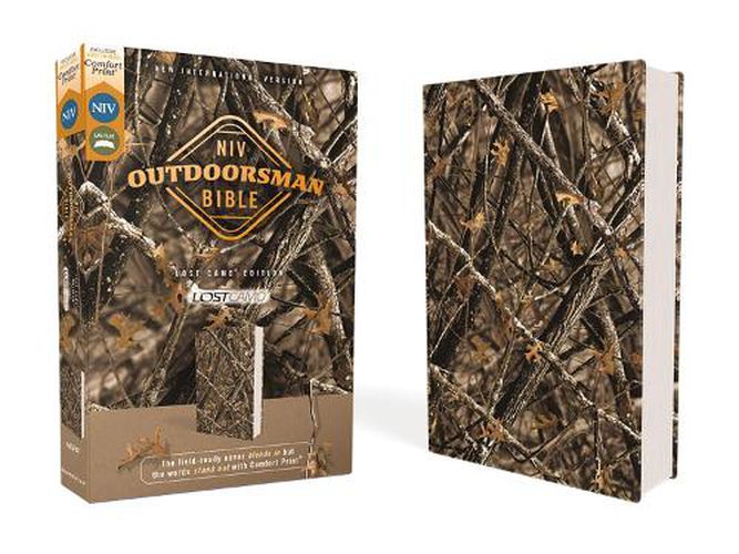 Cover image for NIV, Outdoorsman Bible, Lost Camo Edition, Leathersoft, Red Letter, Comfort Print: The Field-Ready Cover Blends In but the Words Stand Out with Comfort Print