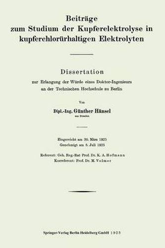 Cover image for Beitrage Zum Studium Der Kupferelektrolyse in Kupferchlorurhaltigen Elektrolyten