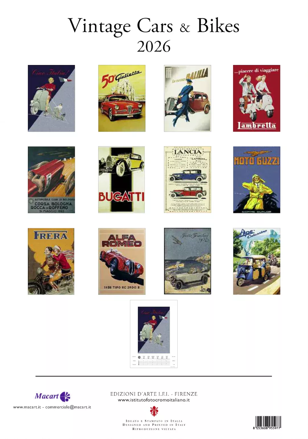 2026 Vintage Cars Large Art Calendar 35x50cm