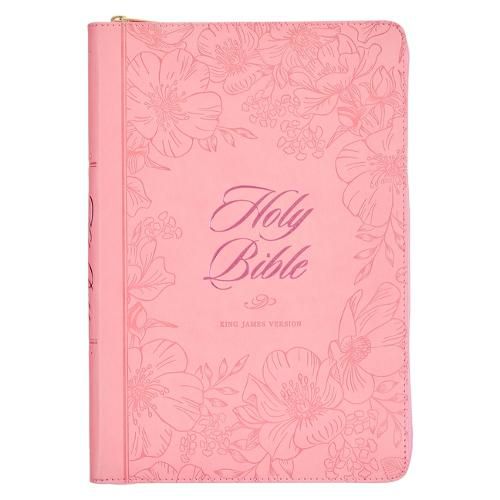 Cover image for KJV Holy Bible, Thinline Large Print Faux Leather Red Letter Edition - Thumb Index & Ribbon Marker, King James Version, Pink, Zipper Closure