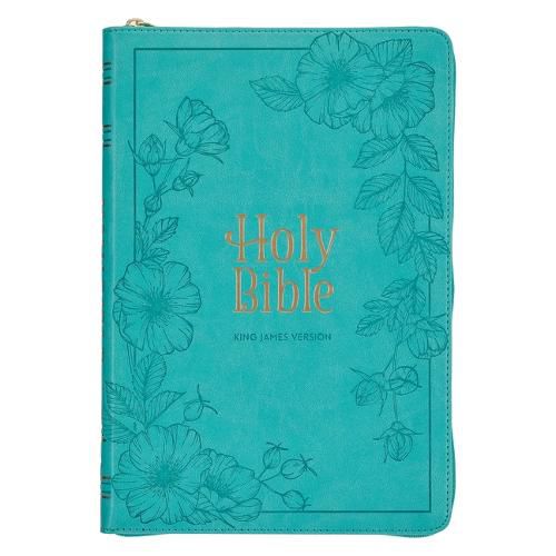 Cover image for KJV Holy Bible, Thinline Large Print Faux Leather Red Letter Edition - Thumb Index & Ribbon Marker, King James Version, Teal, Zipper Closure