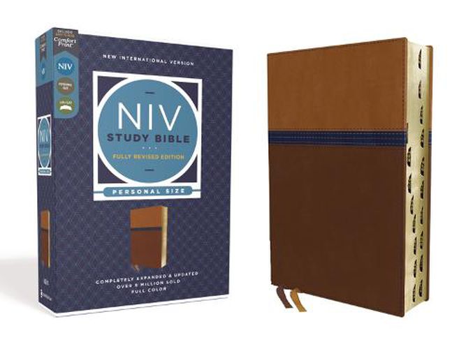 Cover image for NIV Study Bible, Fully Revised Edition, Personal Size, Leathersoft, Brown/Blue, Red Letter, Thumb Indexed, Comfort Print