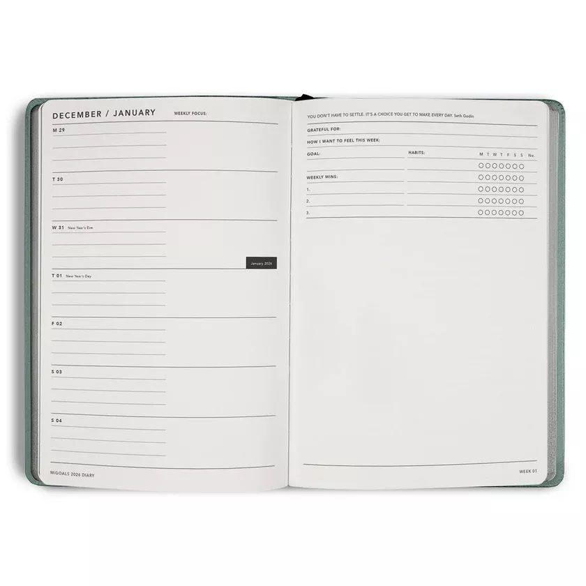 MiGoals 2026 Classic Diary - Weekly Notes - A5 Black