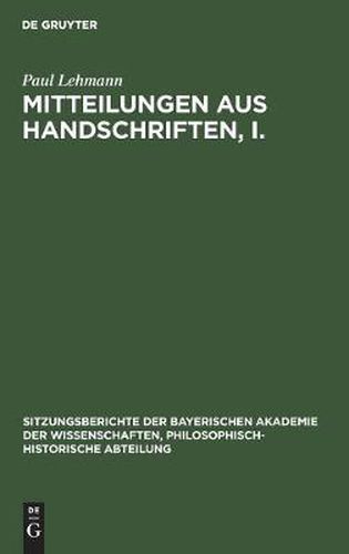 Cover image for Mitteilungen Aus Handschriften, I.