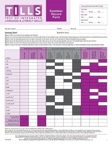 Cover image for Test of Integrated Language and Literacy Skills (R) (TILLS (R)) Examiner Record Form