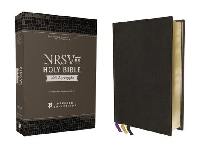 Cover image for NRSVue, Holy Bible with Apocrypha, Premium Goatskin Leather, Black, Premier Collection, Art Gilded Edges, Comfort Print
