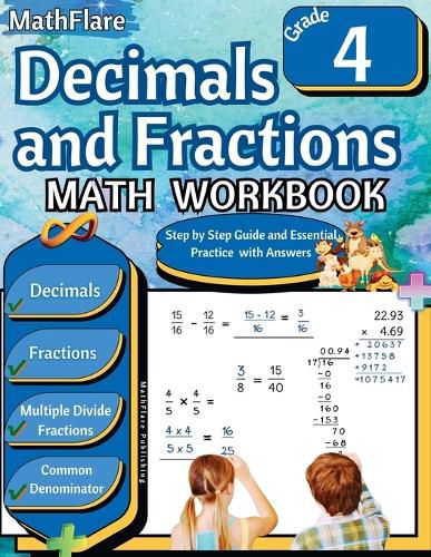 Cover image for Decimals and Fractions Math Workbook 4th Grade