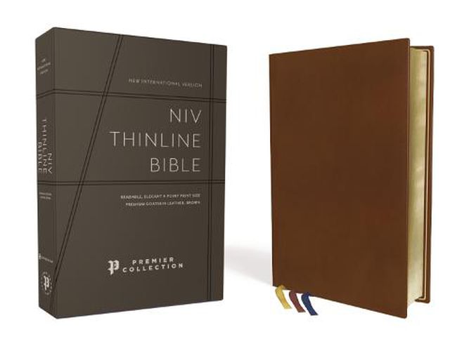 Cover image for NIV, Thinline Bible, Premium Goatskin Leather, Brown, Premier Collection, Black Letter, Art Gilded Edges, Comfort Print