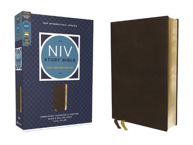 Cover image for NIV Study Bible, Fully Revised Edition (Study Deeply. Believe Wholeheartedly.), Genuine Leather, Calfskin, Brown, Red Letter, Comfort Print