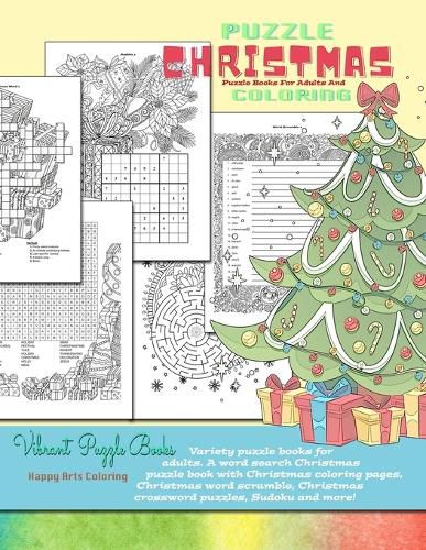 Cover image for CHRISTMAS puzzle books for adults and coloring. Variety puzzle books for adults. A word search Christmas puzzle book with Christmas coloring pages, Christmas word scramble, Christmas crossword puzzles, Sudoku and more!