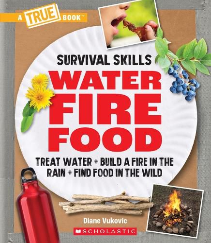 Cover image for Water, Fire, Food (a True Book: Survival Skills): Treat Water, Build a Fire in the Rain, Find Food in the Wild